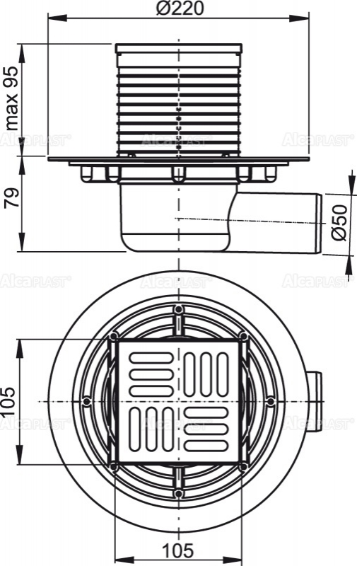 APV101 105x105/50 Alcaplast выпуск боковой, гидрозатвор