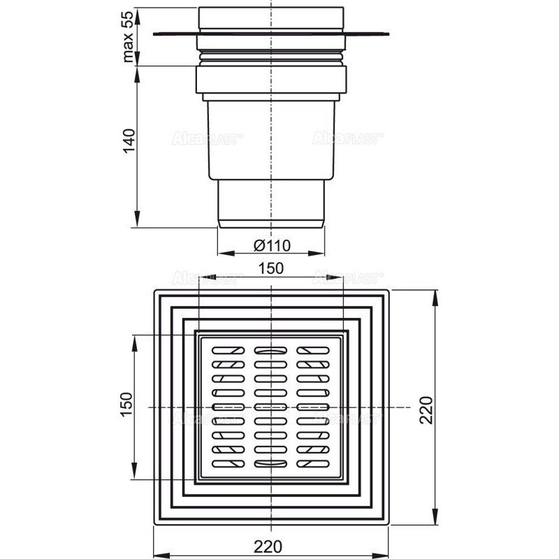 APV13 150x150/110 Alcaplast выпуск прямой, гидрозатвор