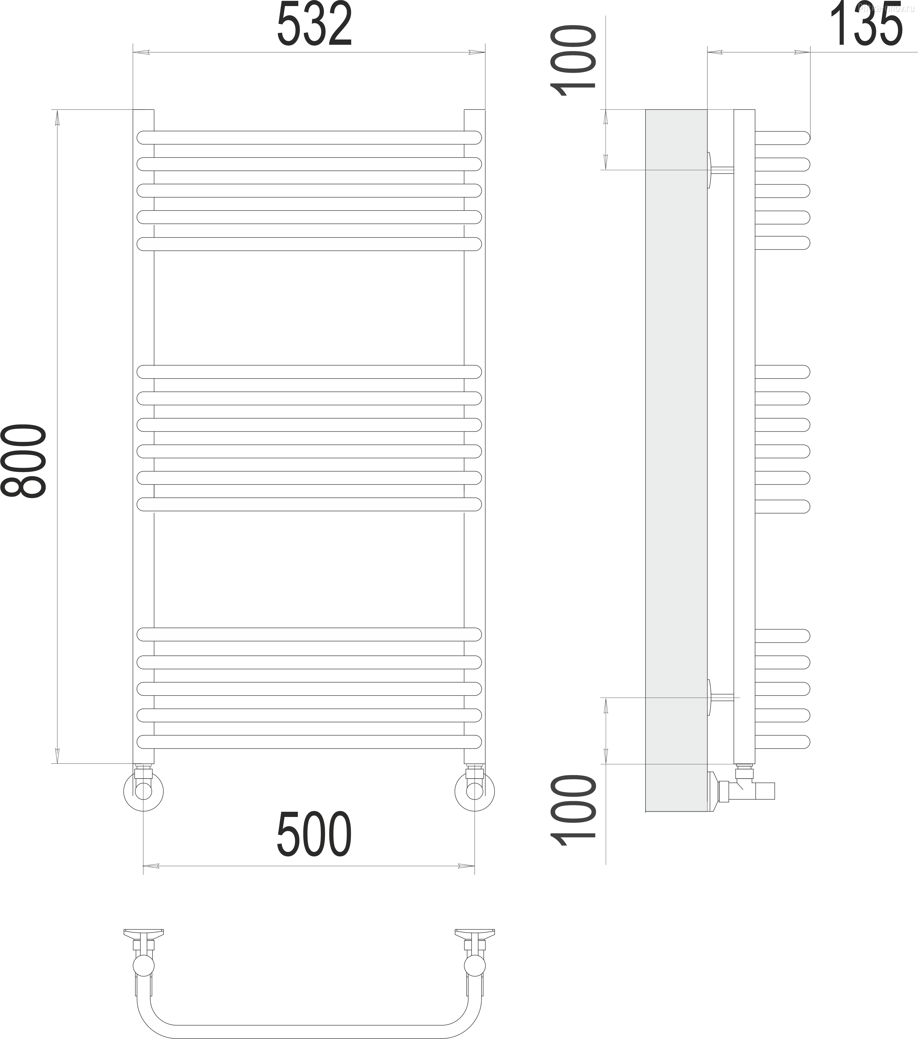 Стандарт П16 500х800 (5+6+5) Полотенцесушитель водяной Терминус