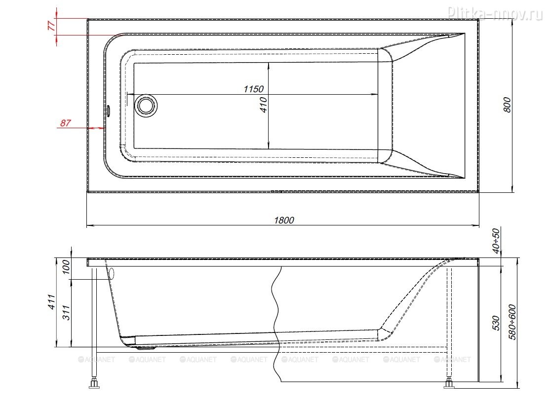 Aura 180x80 Акриловая ванна Aquanet с каркасом Aura 180x80 Акриловая ванна Aquanet с каркасом