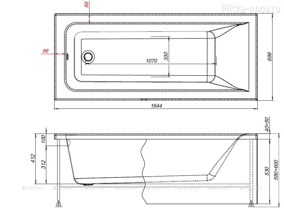Aura 165x70 Акриловая ванна Aquanet с каркасом Aura 165x70 Акриловая ванна Aquanet с каркасом