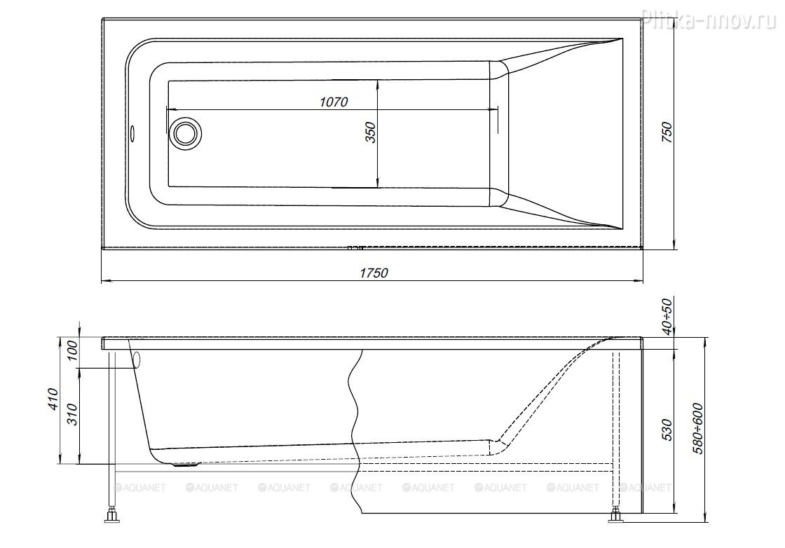 Aura 175x75 Акриловая ванна Aquanet с каркасом Aura 175x75 Акриловая ванна Aquanet с каркасом