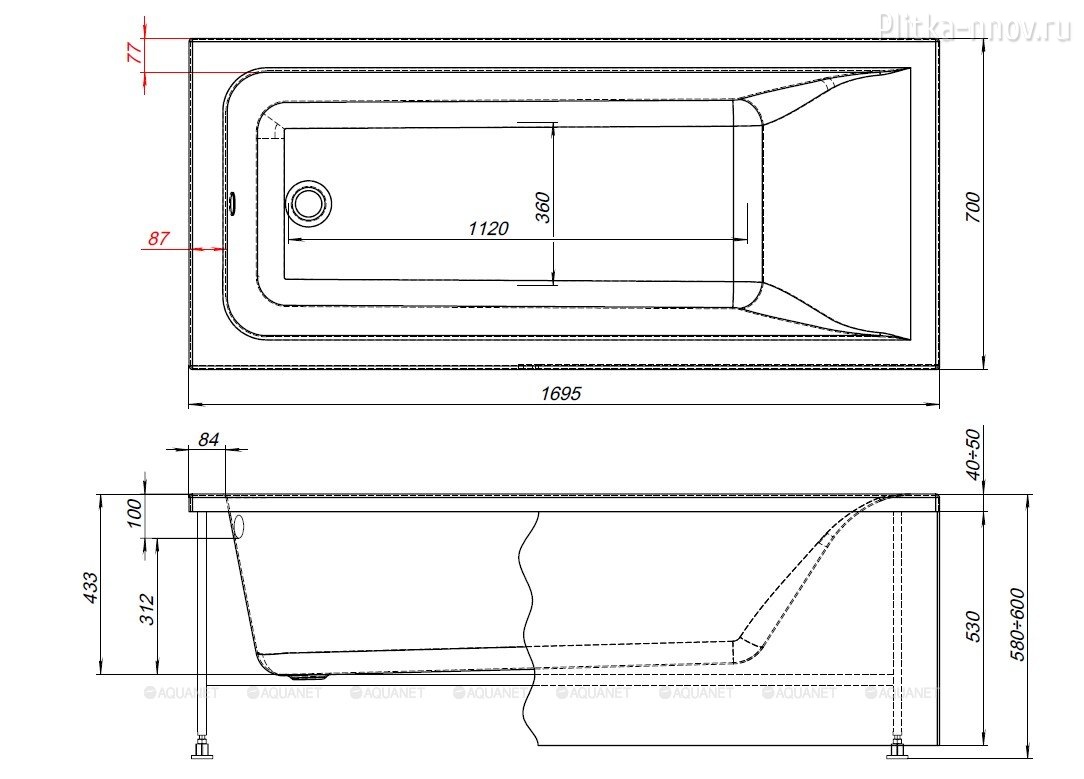 Aura 170x70 Акриловая ванна Aquanet с каркасом Aura 170x70 Акриловая ванна Aquanet с каркасом