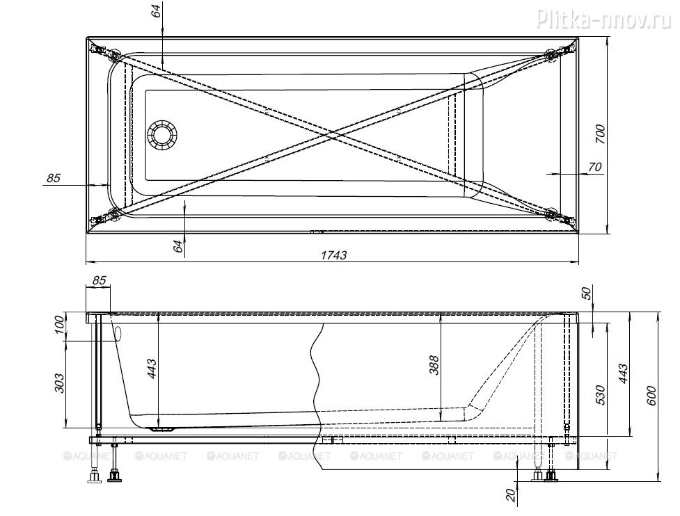 Aura 175x70 Акриловая ванна Aquanet с каркасом Aura 175x70 Акриловая ванна Aquanet с каркасом