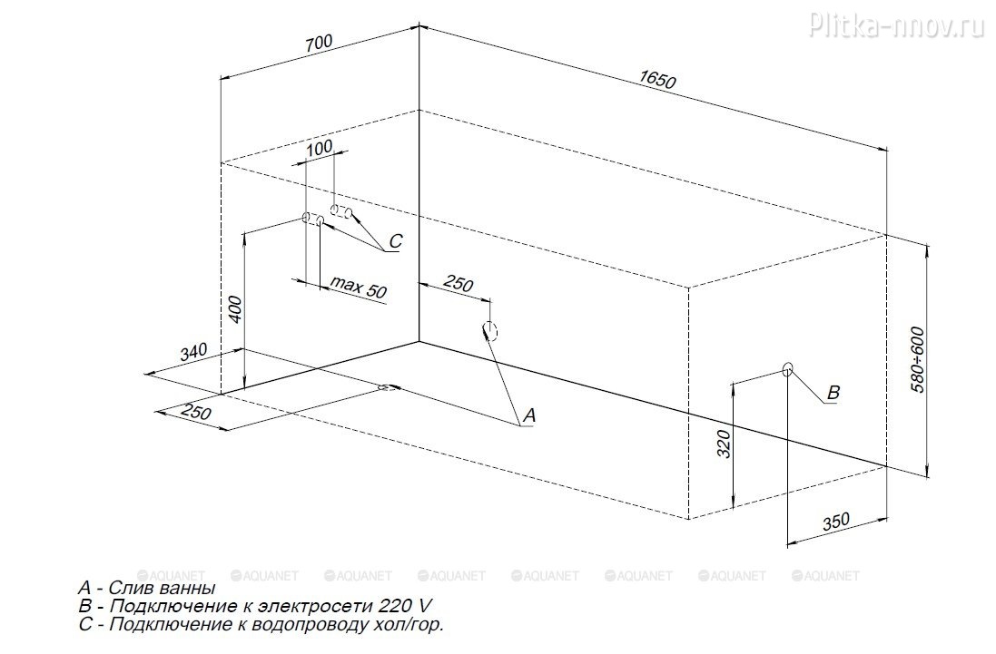 Aura 165x70 Акриловая ванна Aquanet с каркасом Aura 165x70 Акриловая ванна Aquanet с каркасом