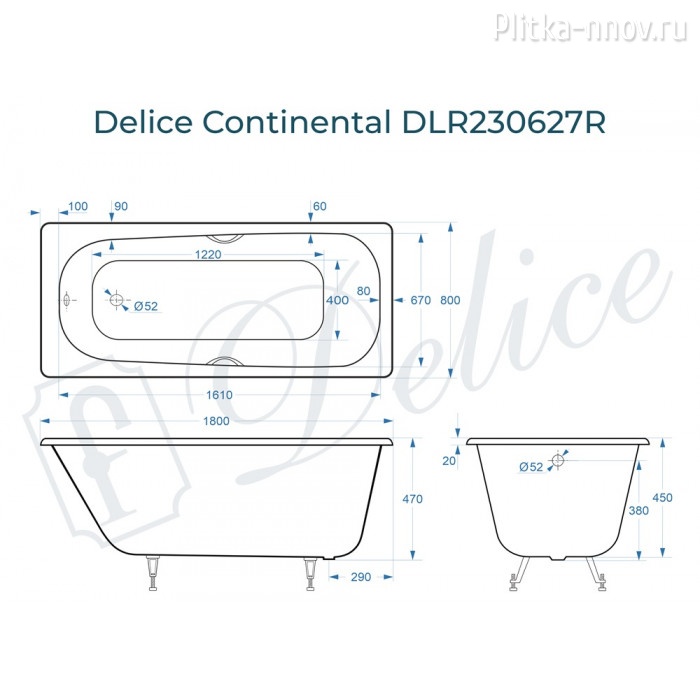 Continental 180х80 с отверстиями под ручки DLR230627R Ванна чугунная Delice Continental 180х80 с отверстиями под ручки DLR230627R Ванна чугунная Delice
